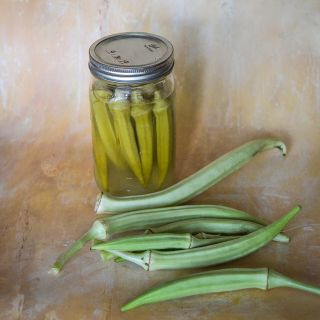 Burmese Okra pods and jar of pickled okra.