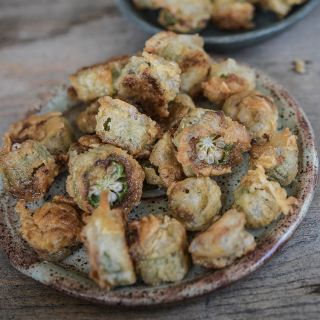 Tempura fried Clemson Spineless Okra slices.