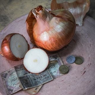 Yellow of Parma Onions with coins for size reference.
