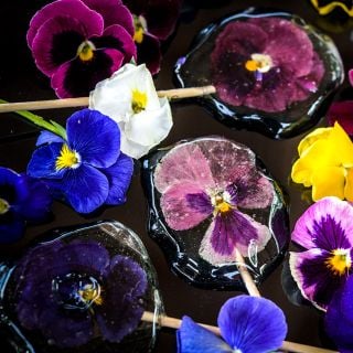 Edible Trumpets Mix Pansy blooms are encased inside lollipops.