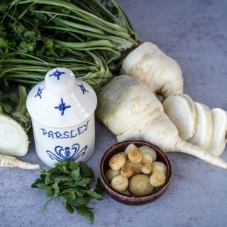 Raw and cooked Hamburg Rooted Parsley with a ceramic parsley container.