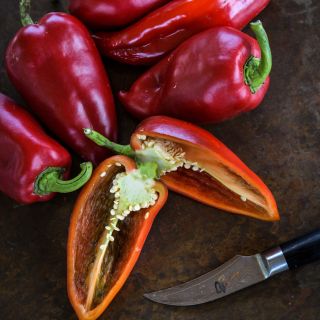 Ajvarski Sweet Peppers on a dark background.