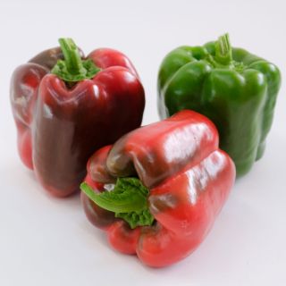 Three King of the North Sweet Peppers, one green and two red on a white background.