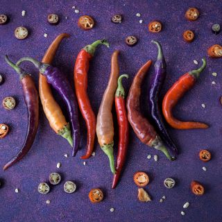Buena Mulata Peppers in varying shades on purple background.