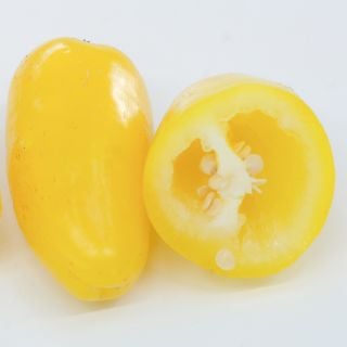 Bright yellow Lemon Spice Jalapeno cut open.