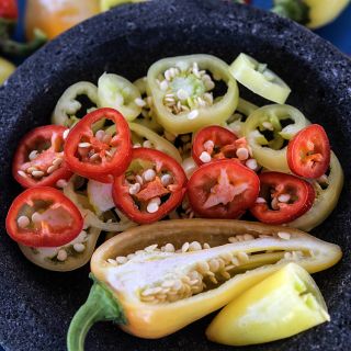 Santa Fe Grande Peppers sliced with seeds.