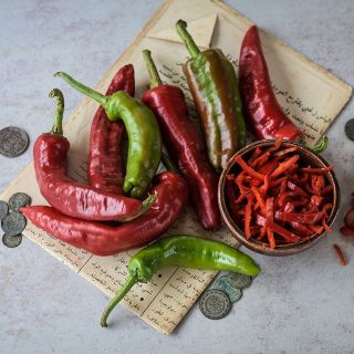 Tunisian Baklouti Peppers on parchment with coins for size reference.