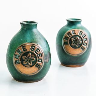 A duo of Handmade Stoneware Pottery Vases with a rareseeds logos on the vases on bright white.
