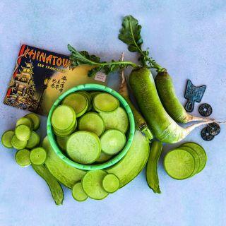 Whole and sliced Chinese Shawo Fruit Radish with a post card and coins on light blue background.