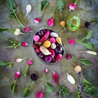 An overhead view of a pewter basket full of Easter Basket Mix Radishes on a pstel green background.