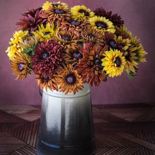 An arrangement of Sahara Rudbeckia flowers in brown pitcher against a burnt sienna background.