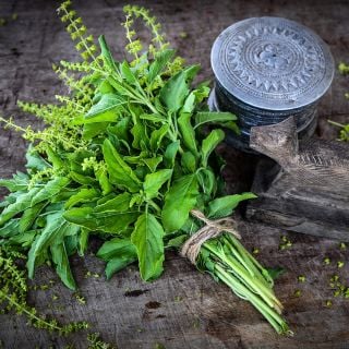 A bouquet tied with twine of Thai Holy Kaprao Basil with items from Thailand on old wood.