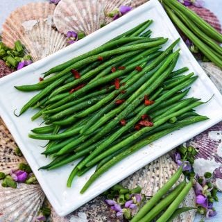 Cooked Nautica Dwarf Beans surrounded by seashells, purple blooms and fresh beans.