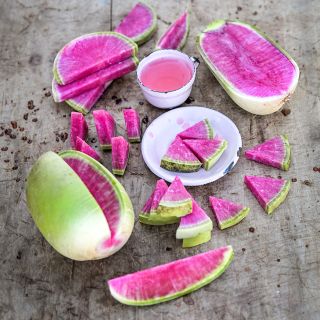 Chinese Red Meat Radish designed to look like watermelon as it is known as the Watermelon Radish.