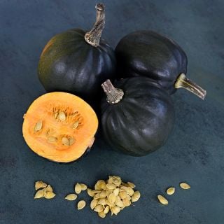 One cut and three whole Sweetnut Winter Squash on a jade background.