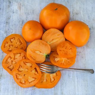 Sliced and whole Woodle Orange Tomatoes on white-washed wood with a fork.