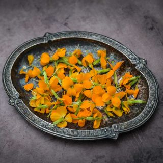 Wallflower, Siberian flowers in a metal dish.