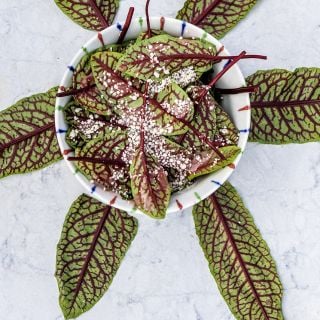 A close-up of a Bloody Dock Sorrel salad in a striped bowl with vegan cheese crumbles and vinagrette dressing.