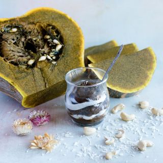 Ayote Green Flesh Winter Squash with chocolate squash choconut pudding and sliced raw squash.