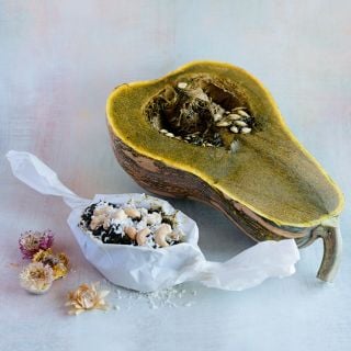 A halved Ayote Green Flesh Winter Squash with baked squash wrapped in pastry paper on light background.