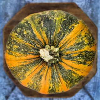 Overhead perspective of Kakai WInter Squash on an octogonal shapped cutting board.