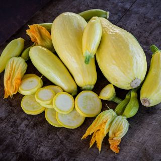 Cut and whole Early Prolific Straightneck Summer Squash arranged on wooden with blooms.