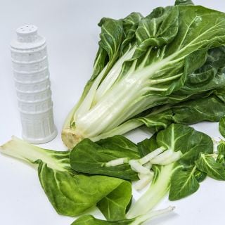 A head of Barese Swiss Chard with leaves and a Leaning Tower of Pisa ceramic cheese container.