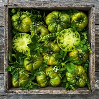 Aunt Ruby's German Green Tomatoes in a square wooden box with basil blooms and leaves. Image by Lucy Hutchins.