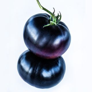 A pair of stacked Black Beaty Tomatoes on a bright white background.