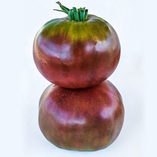A pair of stacked Black Krim Tomatoes on a white background.