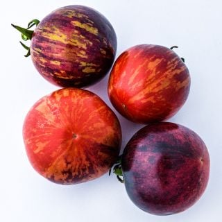 Black Strawberry Tomatoes at different stages of ripeness on a bright white background.