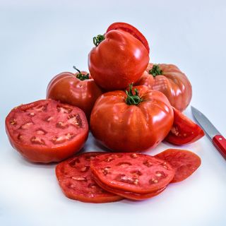 Sliced and whole Bonny Best Tomatoes with a red handled knife on a white background.