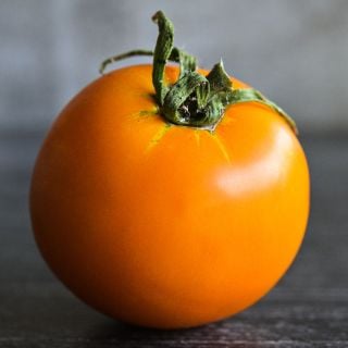 A single Dad's Suset Tomato on a grey wood background.