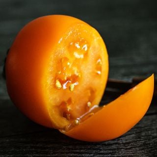 A single cut juicy Dad's Sunset Tomato on grey wood background.