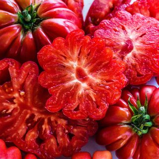 Close-up view of juicy sliced Mushroom Basket Tomatoes.