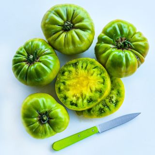 Overhead view of Green Giant Tomato slices surrounded by four tomatoes and a green handled knife.