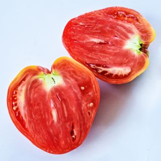 A Hungarian Heart Tomato sliced in half on a white backgound.