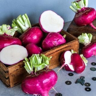 Large Hida Beni Red Turnips in wooden Japanese boxes with vintage coins.