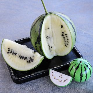 A cut Silver Yamato Watermelon on a Japanese tray with watermelon shaped salt and pepper shakers.