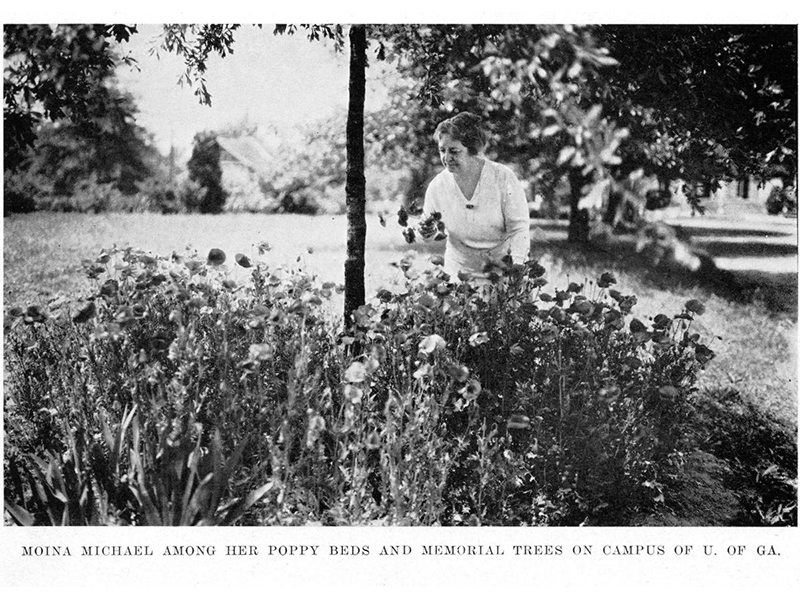 Moina Michael, creator of Red Poppy movement. Michael kneeling in garden with red poppies