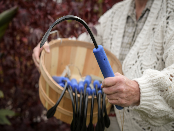 Woman holding basket of Cobra Head hand hoes