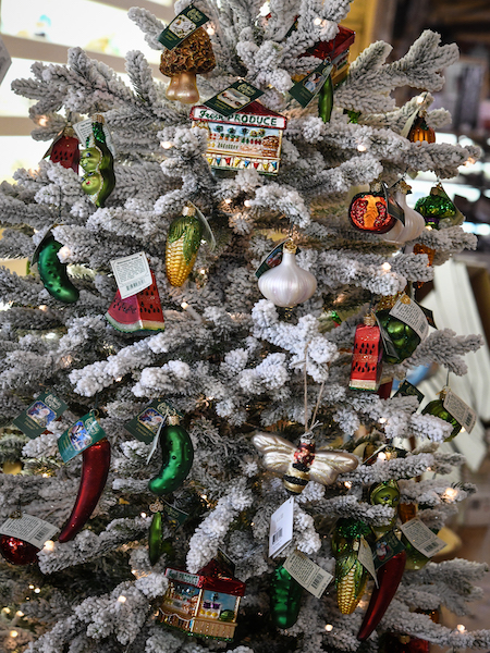 Christmas tree with glass veggie and fruit ornaments